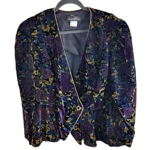 David Rose Womens Floral Velour Blazer size 16 Black Whimsygoth Witchy Gold Trim